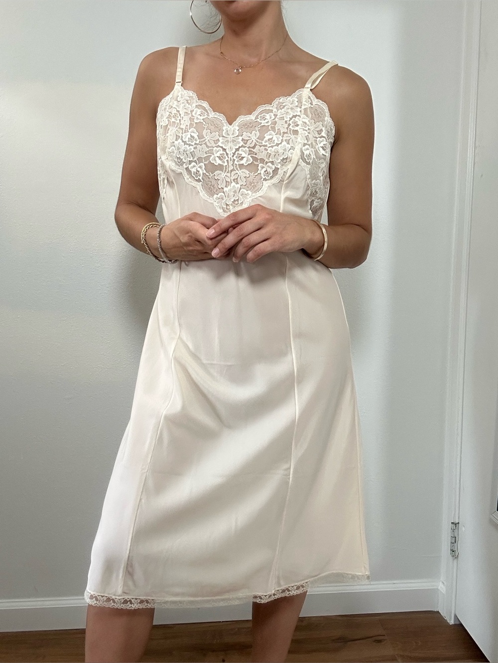 Vintage Elegant Cream Lace Trim Slip Midi Dress Spaghetti Straps Size M - Picture 7 of 14